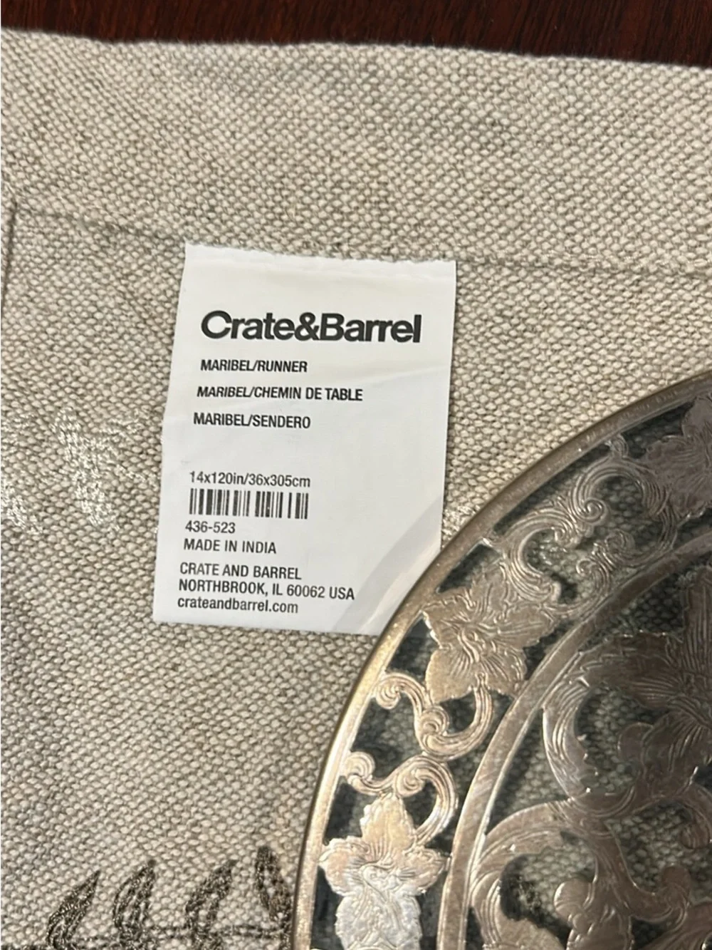 Crate and Barrel Embroidered “Maribel”Linen Table Runner